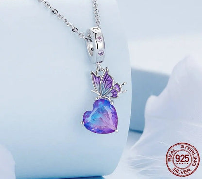 925 Sterling Silver Purple Butterfly and Heart Pendant - TEA LU SHOP