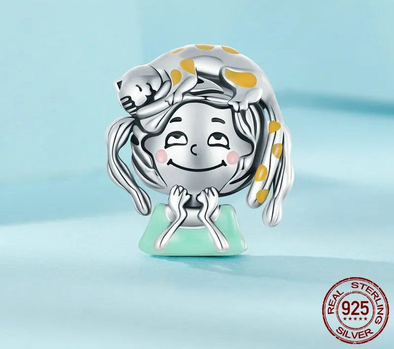 925 Sterling Silver Cute Kitty & Girl Charm - TEA LU SHOP