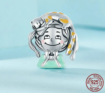925 Sterling Silver Cute Kitty & Girl Charm - TEA LU SHOP