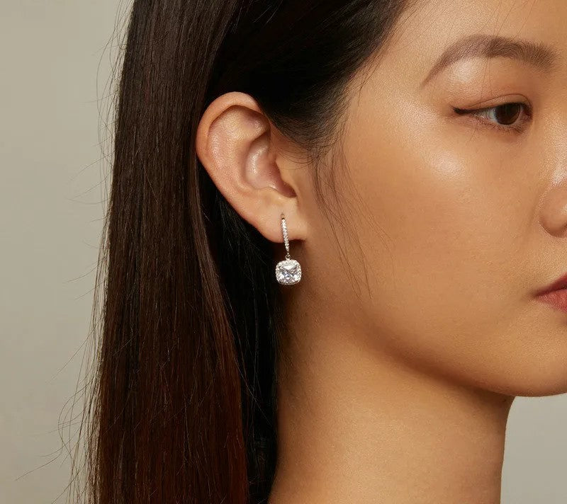 925 Sterling Silver Dazzling CZ Square Geometric Drop Earrings - TEA LU SHOP