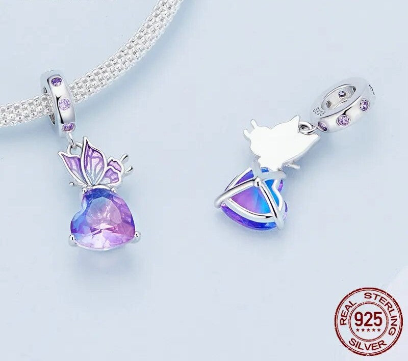925 Sterling Silver Purple Butterfly and Heart Pendant - TEA LU SHOP