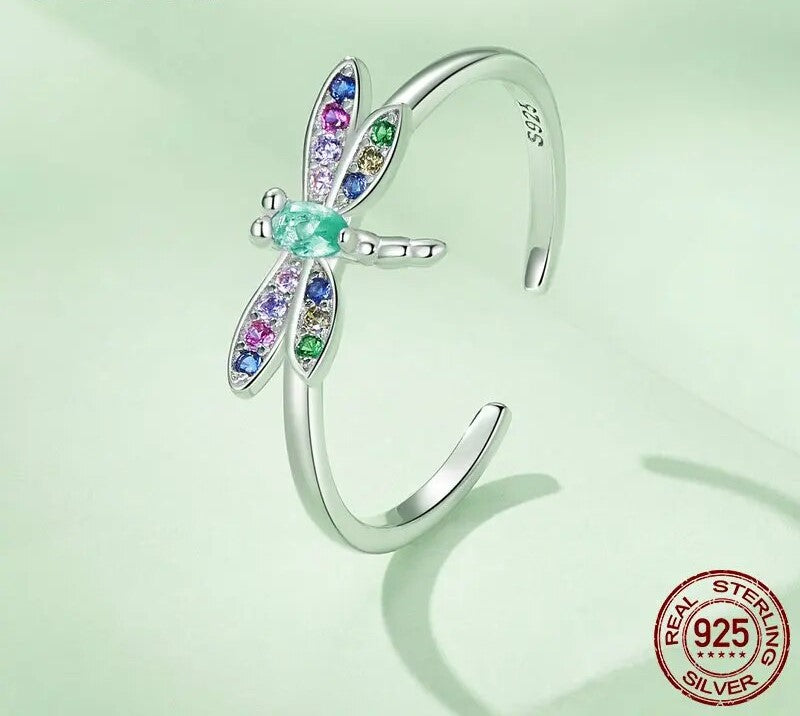 925 Sterling Silver Colorful Zircon Dragonfly Open Ring - TEA LU SHOP