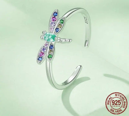 925 Sterling Silver Colorful Zircon Dragonfly Open Ring - TEA LU SHOP