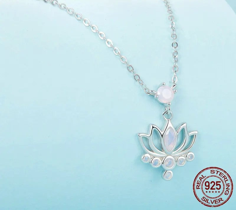 925 Sterling Silver Pink Opal Lotus Pendant Necklace - Shine Bright Store