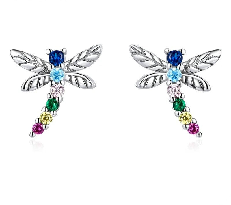 925 Sterling Silver Colorful Zircon Dragonfly Stud Earrings - TEA LU SHOP