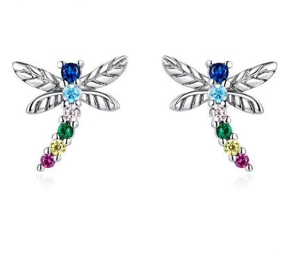 925 Sterling Silver Colorful Zircon Dragonfly Stud Earrings - TEA LU SHOP