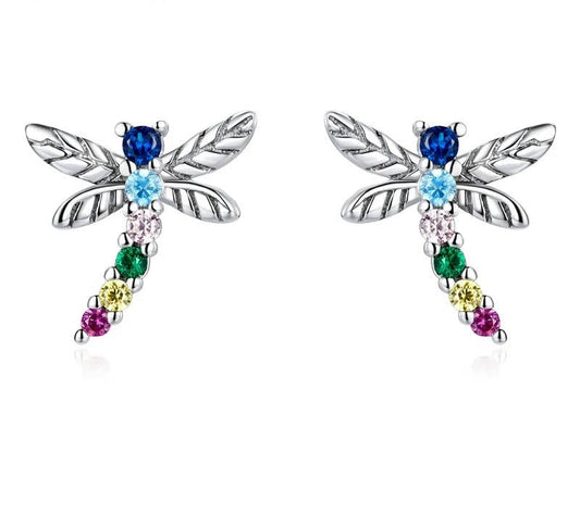 925 Sterling Silver Colorful Zircon Dragonfly Stud Earrings - TEA LU SHOP