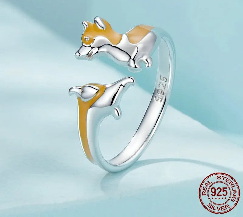 925 Sterling Silver Cute Corgi Enamel Adjustable Ring - Shine Bright Store
