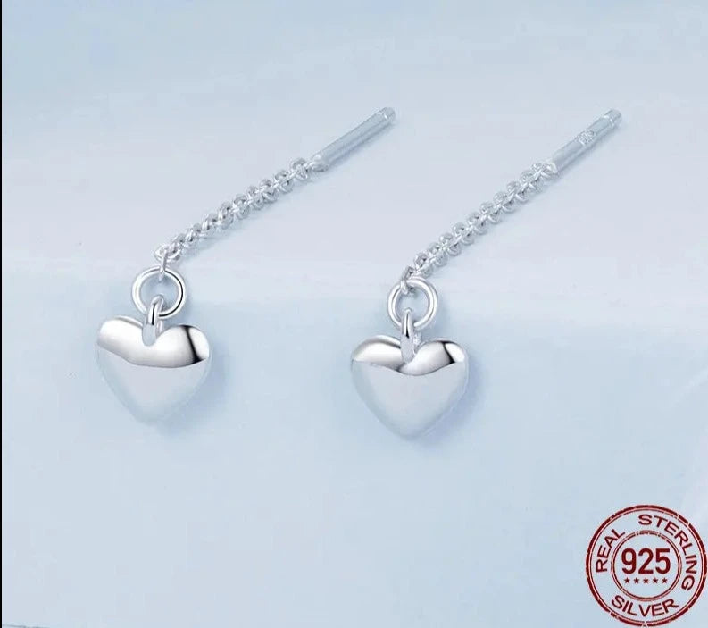 925 Sterling Silver Simple Heart-shaped Drop Ear Threads.