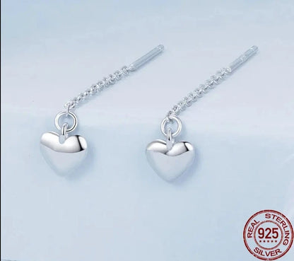 925 Sterling Silver Simple Heart-shaped Drop Ear Threads.