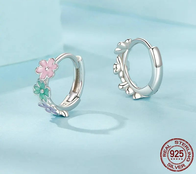 925 Sterling Silver Multi-color Flower Hoop Earrings - Shine Bright Store
