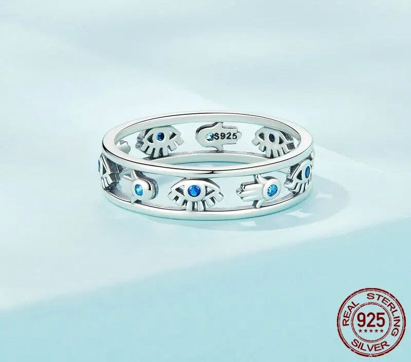 925 Sterling Silver Fatima's Hand and Devil Eye Finger Ring - TEA LU SHOP