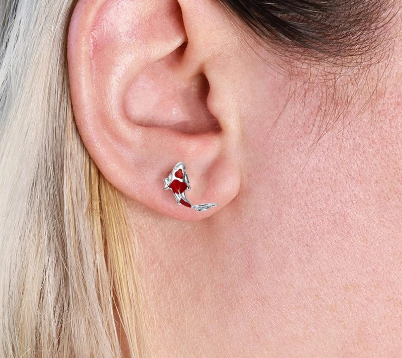 925 Sterling Silver Fish Red Enamel Stud Earrings - TEA LU SHOP