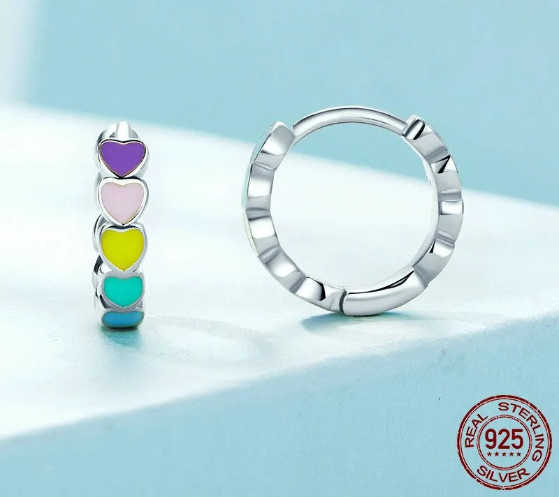 925 Sterling Silver Multicolor Enamel Heart Hoop Earrings - TEA LU SHOP