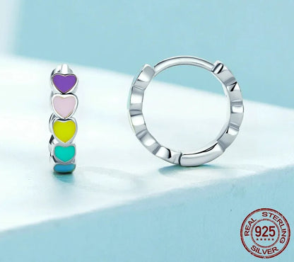 925 Sterling Silver Multicolor Enamel Heart Hoop Earrings - TEA LU SHOP