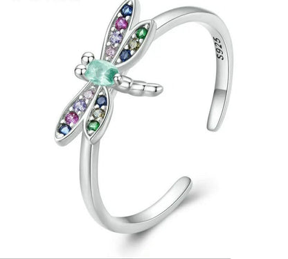 925 Sterling Silver Colorful Zircon Dragonfly Open Ring - TEA LU SHOP