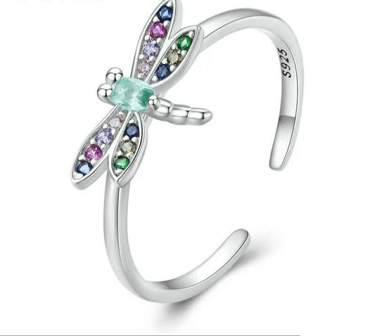 925 Sterling Silver Colorful Zircon Dragonfly Open Ring - TEA LU SHOP
